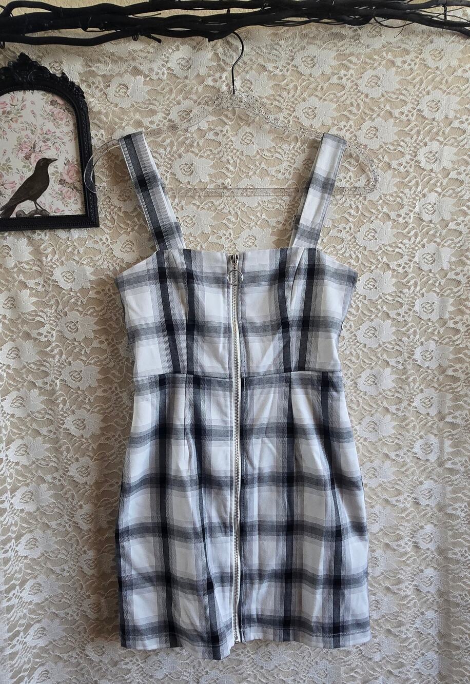 Black & White Plaid Zip-Front Mini Dress- Y2K - 90s Grunge - Dark Academia